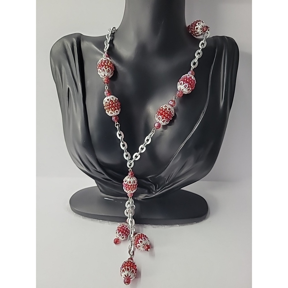 Vintage Red White Beaded Y Necklace Silver Tone Chain Lariat Drop Statement